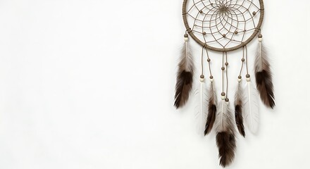 A handmade dreamcatcher with feathers and beads, hanging centered in frame on a white background, detailed threads,