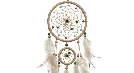 A handmade dreamcatcher with feathers and beads, hanging centered in frame on a white background, detailed threads,