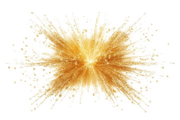 Bright golden powder explosion with dynamic streaks and particles radiating outward isolated on a transparent background..