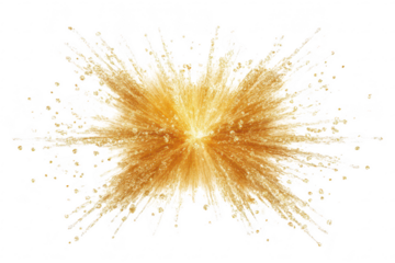 Bright golden powder explosion with dynamic streaks and particles radiating outward isolated on a transparent background..