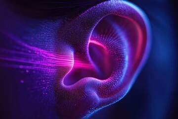 Close-up of a human ear illuminated by glowing purple and pink digital particles and light trails, evoking a futuristic and technological vibe