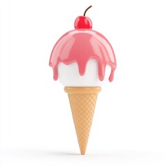 Pink cherry ice cream cone with dripping topping.