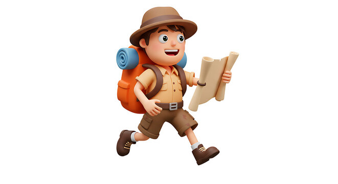 Animated adventurer with backpack and map, exploring with a determined expression, rendered in a bright and cheerful style.