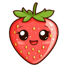 Obraz premium A cute kawaii strawberry character with a smiling face on a bright transparent background ideal for cheerful designs or decorations, Cute kawaii strawberry fruit on a transparent background