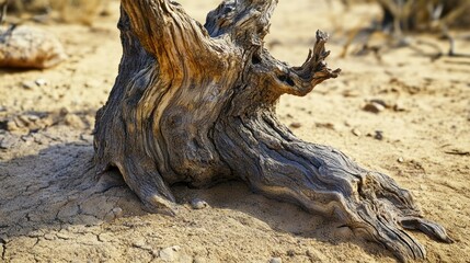 The weathered remains of a decaying and twisted tree trunk