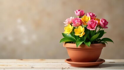 A terracotta flowerpot with vibrant potted flowers Bright blooms in a classic container , summer, balcony, pink