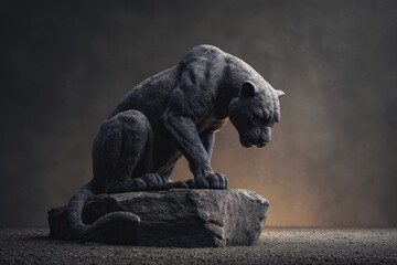 Fototapeta premium Dark panther sculpture seated on a rock.