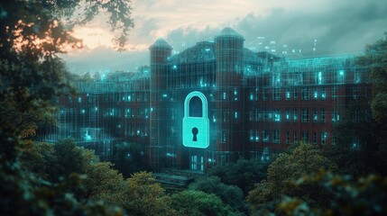 Large brick building surrounded by trees with a digital holographic lock and grid overlay representing cybersecurity or digital protection in an outdoor setting at sunset