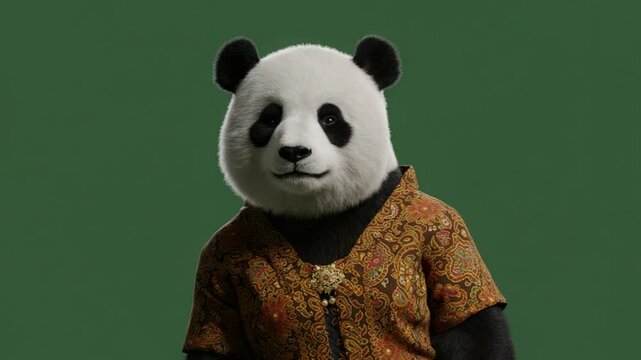 Panda bear portrait wearing an elegant patterned shirt against green backdrop