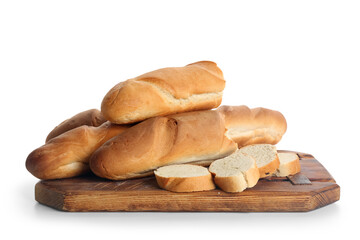 Wooden board with fresh baguettes on white background