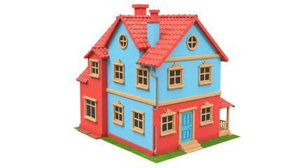 Fototapeta premium A two story house with red roof and walls and blue walls and a blue door on a white background