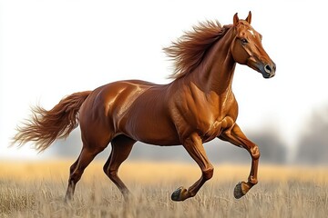 Obraz premium powerful chestnut horse running energetically through a dry field with its mane and tail flowing in the wind under bright daylight