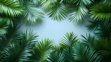 Lush Green Tropical Palm Leaves Frame on Light Blue Background
