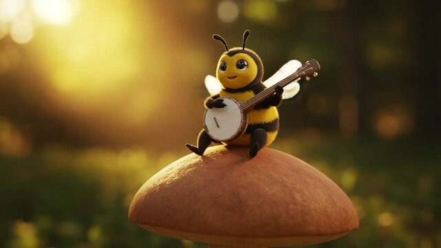 Cute bee cartoon playing banjo on mushroom in sunny nature setting