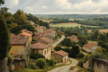 Fototapeta premium View of a peaceful rural village with stone houses and red tiled roofs nestled among green trees and rolling hills under a cloudy sky