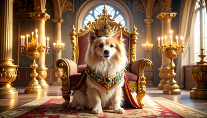 the scene captures a small dog, adorned with a crown and ornate neckpiece, seated regally on a throne. the throne is lavishly decorated with golden accents and plush maroon cushions