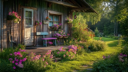Obraz premium A rustic wooden cottage surrounded by vibrant blooming flowers in a garden