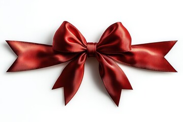 Fototapeta premium Glossy red satin ribbon bow with long tails on white background