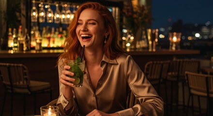 Young woman with red hair enjoying a cocktail in a sophisticated bar with cityscape view