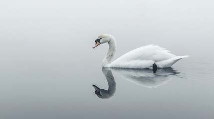 Obraz premium Serene swan mirroring on a misty lake
