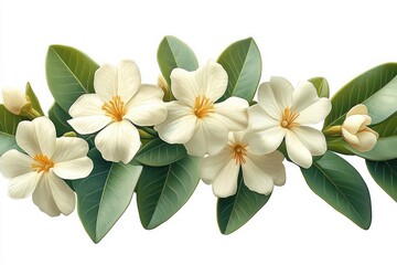 Obraz premium Cluster of white flowers with yellow stamens surrounded by elongated dark green leaves on a white background, capturing natural elegance and freshness