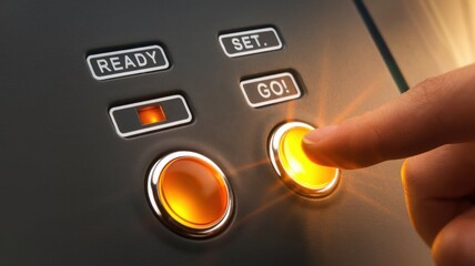Finger pressing start button on machine, concept of beginning and activation