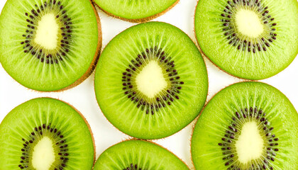 Fototapeta premium several slices of a green fruit are positioned on a plain white backdrop. the slices expose a circular shape with tiny black seeds radiating from the center