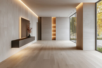 Obraz premium Empty modern room with minimalist style, featuring soft ambient lighting and sleek design. space is bright and airy, creating serene atmosphere perfect for relaxation