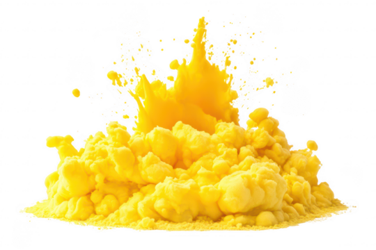 Vibrant yellow powder explosion with flying particles and dynamic energy splash isolated on a transparent background