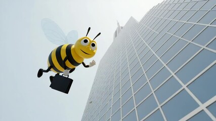 Cartoon bee with briefcase flies past modern high rise building