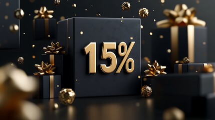 Black and gold text 15% with gift boxes around it, 3D render illustration, minimalistic style, dark background
