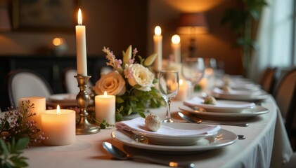 Elegant table setting with candles, flowers, and silverware for a special occasion , rustic, luxury, ivory