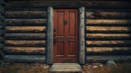 A wooden cabin entrance with a closed brown door presents itself