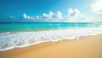Golden sand beach bathed in sunlight, clear blue ocean waves gently lapping the shore , escape, scenery, tropical