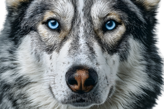 Closeup portrait of a dog with piercing blue eyes and thick fur