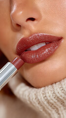 Naklejka premium Lipstick Makeup Beauty Fashion Glossy Brown Lips Skincare Female Closeup Elegance Pout Moisturized Application Style Color Gloss Aesthetic Woman Model Texture Smile Lifestyle Trendy Winter 