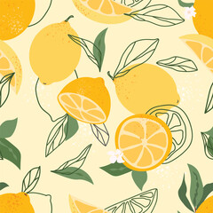 Seamless pattern with lemons and leaves. Fruit summer background. 