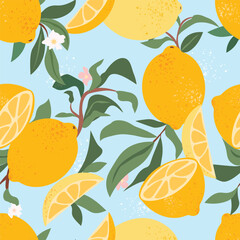 Yellow lemons tropical seamless pattern. Fruit summer background. 
