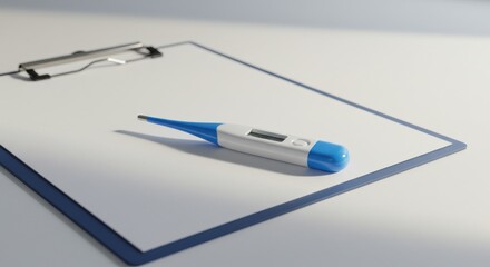 Naklejka premium Transparent clipboard with metallic clip and digital thermometer on light surface