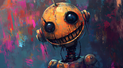 Cute robot charachter smiled and happy. [Toxic Carnival] | Acid Clown | corroded smile. Illustration