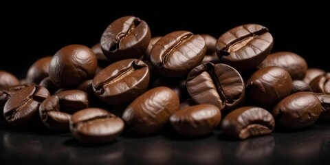 Roasted Coffee Beans Close-Up on Dark Background. A high-resolution close-up of glossy roasted coffee beans arranged on a dark surface. 