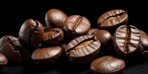 Roasted Coffee Beans Close-Up on Dark Background
