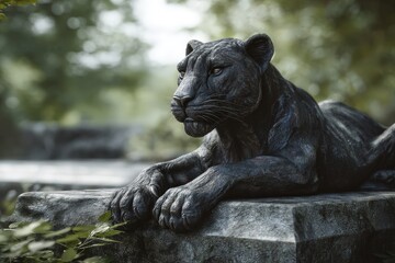 Dark stone sculpture of a resting feline.