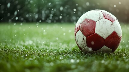 Fototapeta premium Exciting rainy day soccer match field action shot outdoor close-up