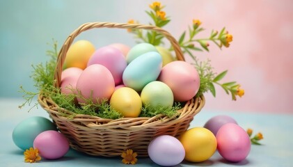 Pastel-colored Easter eggs in a basket, showcasing a variety of spring colors , painted eggs, close-up, chocolate