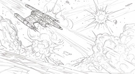 Obraz premium Spaceship Flying Through Battle Sketch Illustration