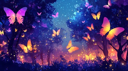 Obraz premium Magical butterfly forest illustration with glowing light and vibrant colors