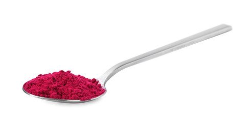 Superfood product. Beetroot powder in spoon isolated on white