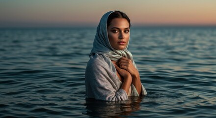 Young woman standing in the ocean wearing a long-sleeved garment and headscarf