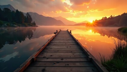 Fototapeta premium Rustic wooden hunting dock extending over calm water at sunrise , hunting, waterfowl, ecosystem
